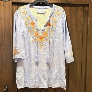 Embroidered Light Blue Tunic with Orange Accents